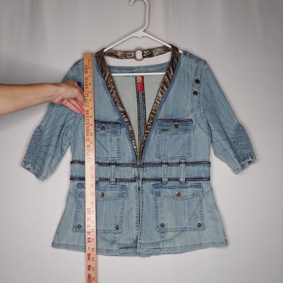 Apple Bottoms Denim Jacket Large Blue Half-Sleeve Faux Leather Trim Y2K - Picture 7 of 10